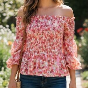 NWOT Nanette Lepore Floral Off-Shoulder Blouse in Pink and White